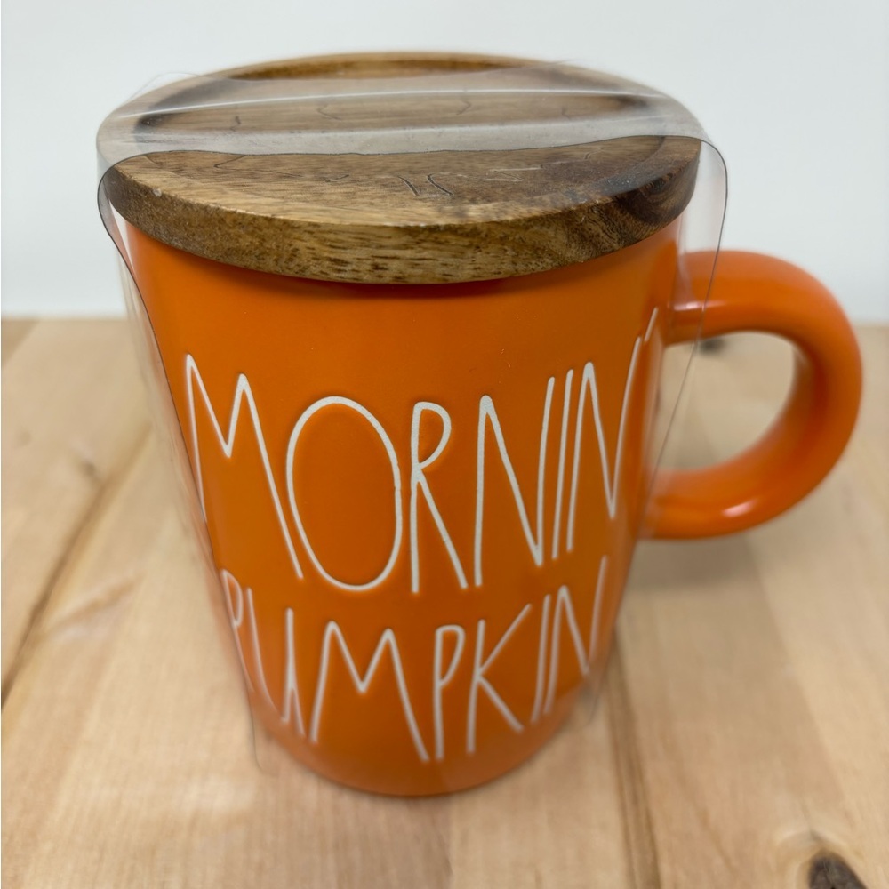Rae Dunn MORNIN PUMPKIN Mug Orange with Wooden Top and White Lettering New